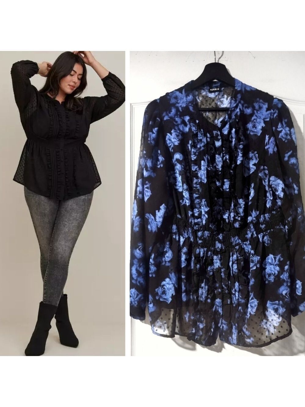 Torrid | Chiffon Clip Dot Ruffle Front Top In Blue Floral